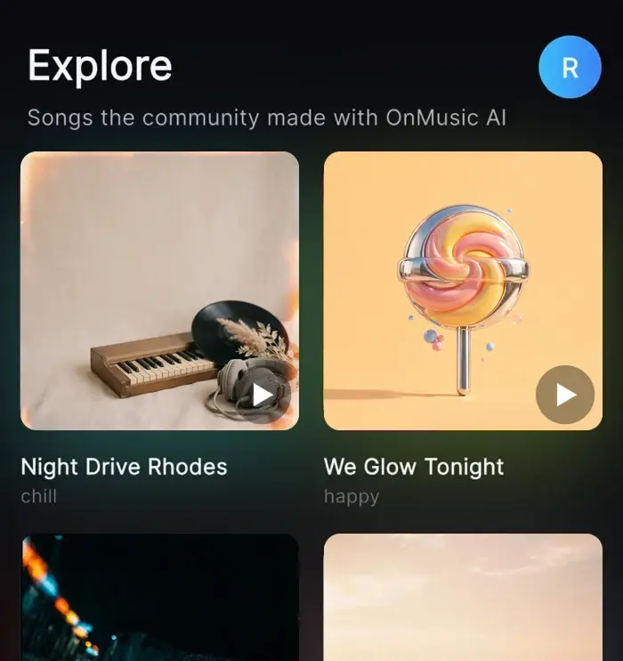 OnMusic AI mobile app explore screen