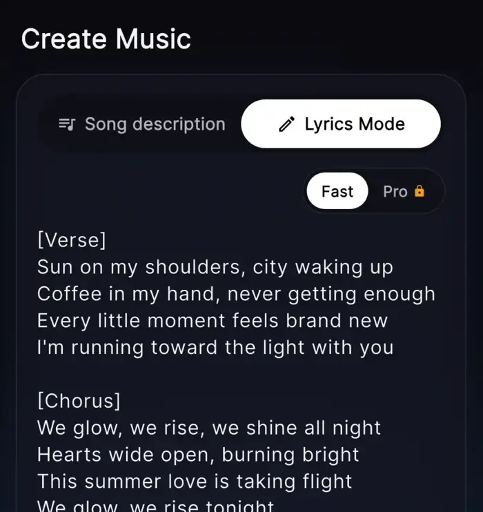 OnMusic AI lyrics mode with a verse and chorus
