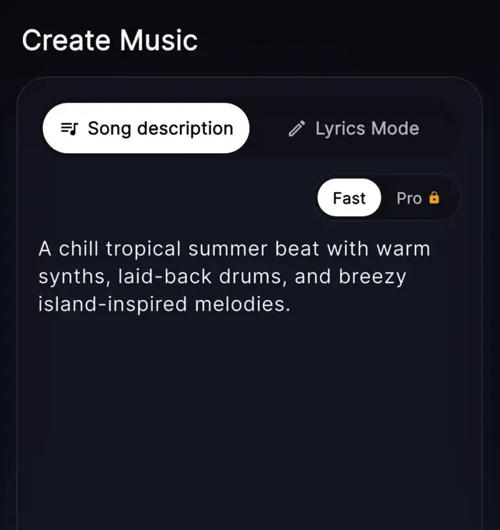 OnMusic AI create-music screen with a song description