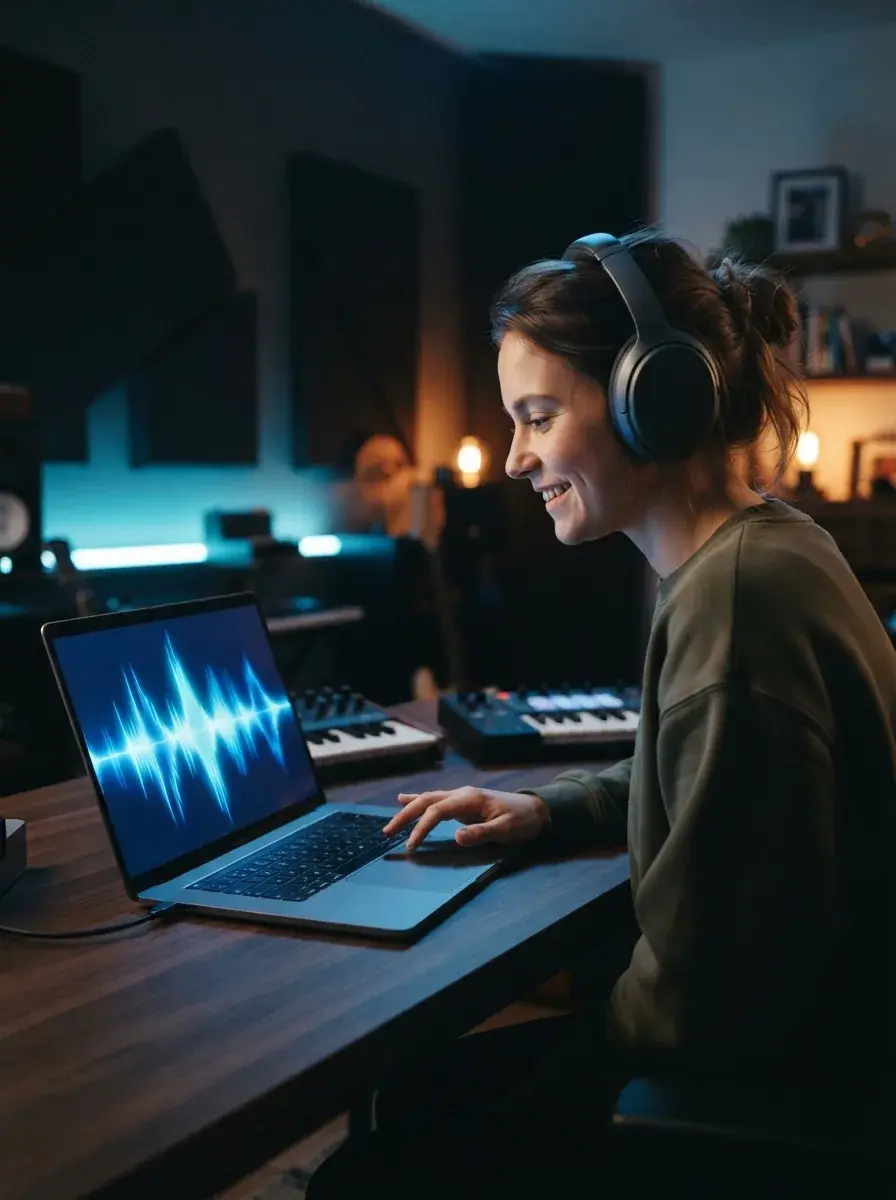 Persona creando un beat en una laptop con una interfaz de forma de onda azul