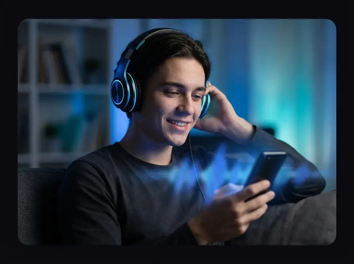 Person listening to their newly created AI beat with headphones.