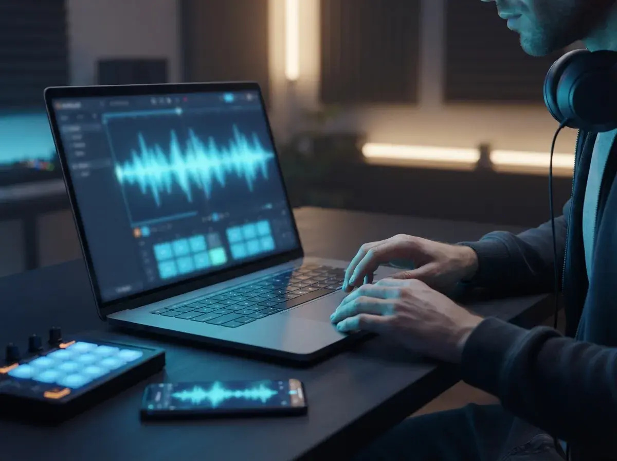 Persona aprendiendo los conceptos básicos de creación de ritmos en una laptop con una cuadrícula de ritmo azul brillante