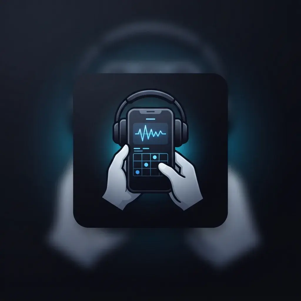 Principiante usando un teléfono para esbozar una idea de ritmo con controles de música azules