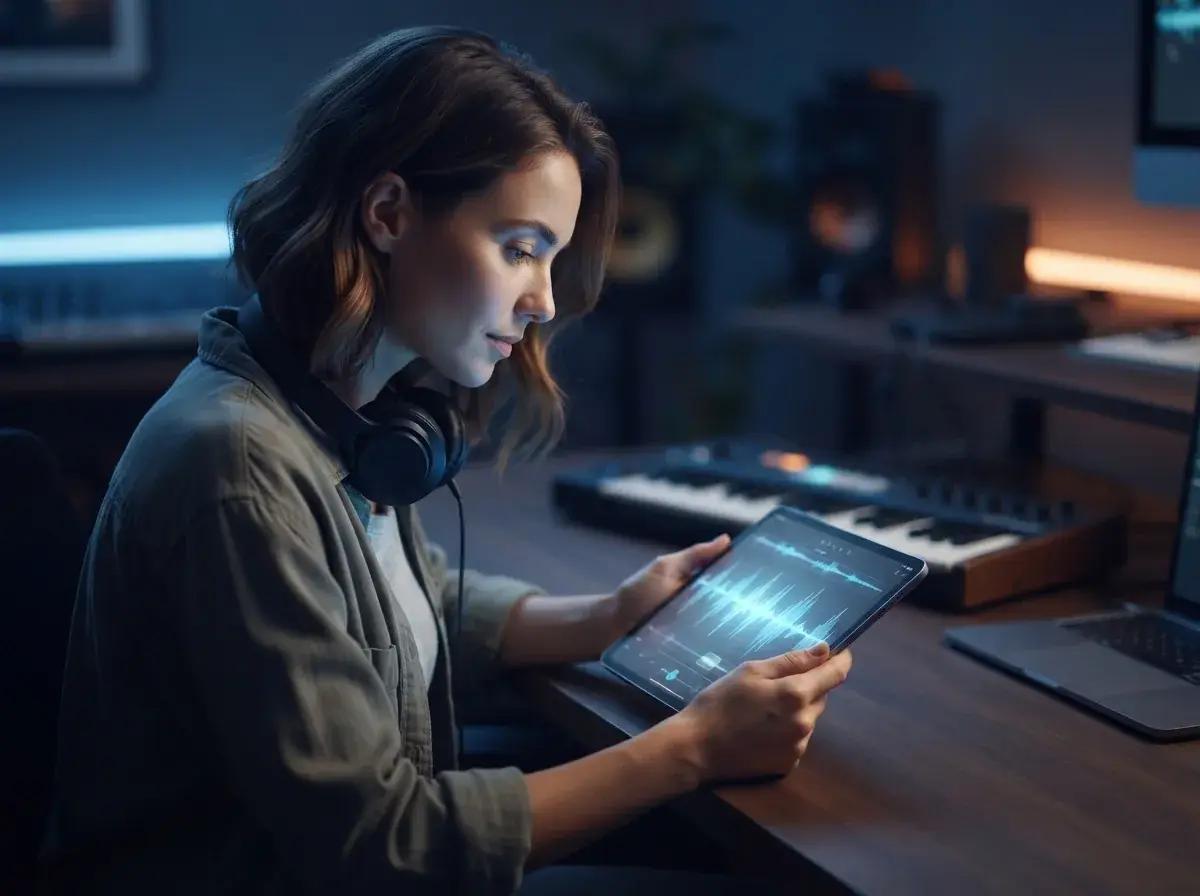 Creator reviewing AI music market charts on a laptop in a dark blue studio setting