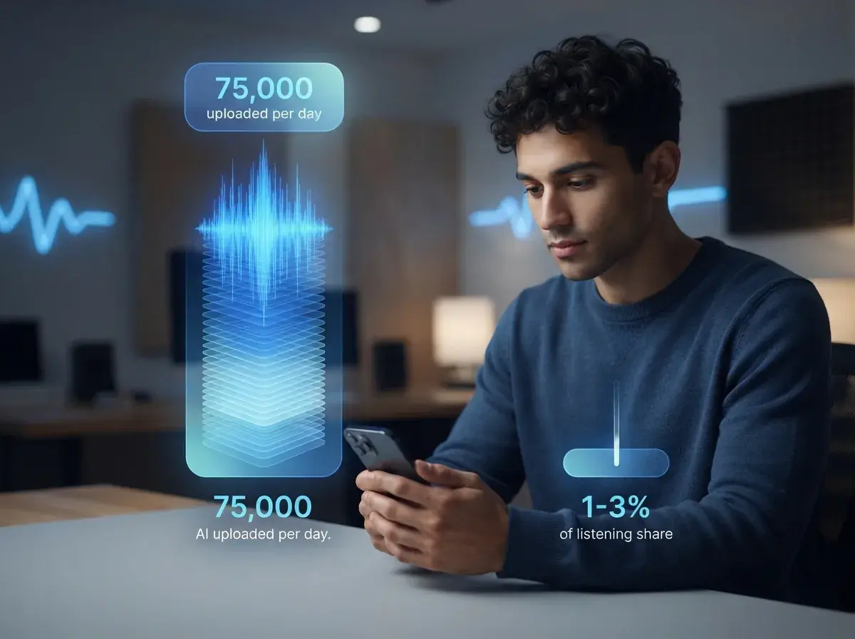 Blue dashboard comparing AI music upload volume and listening share