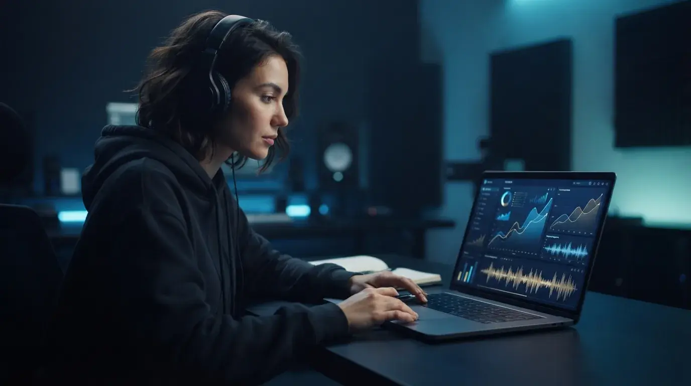 Person reviewing AI music charts and waveforms on a laptop in a dark studio