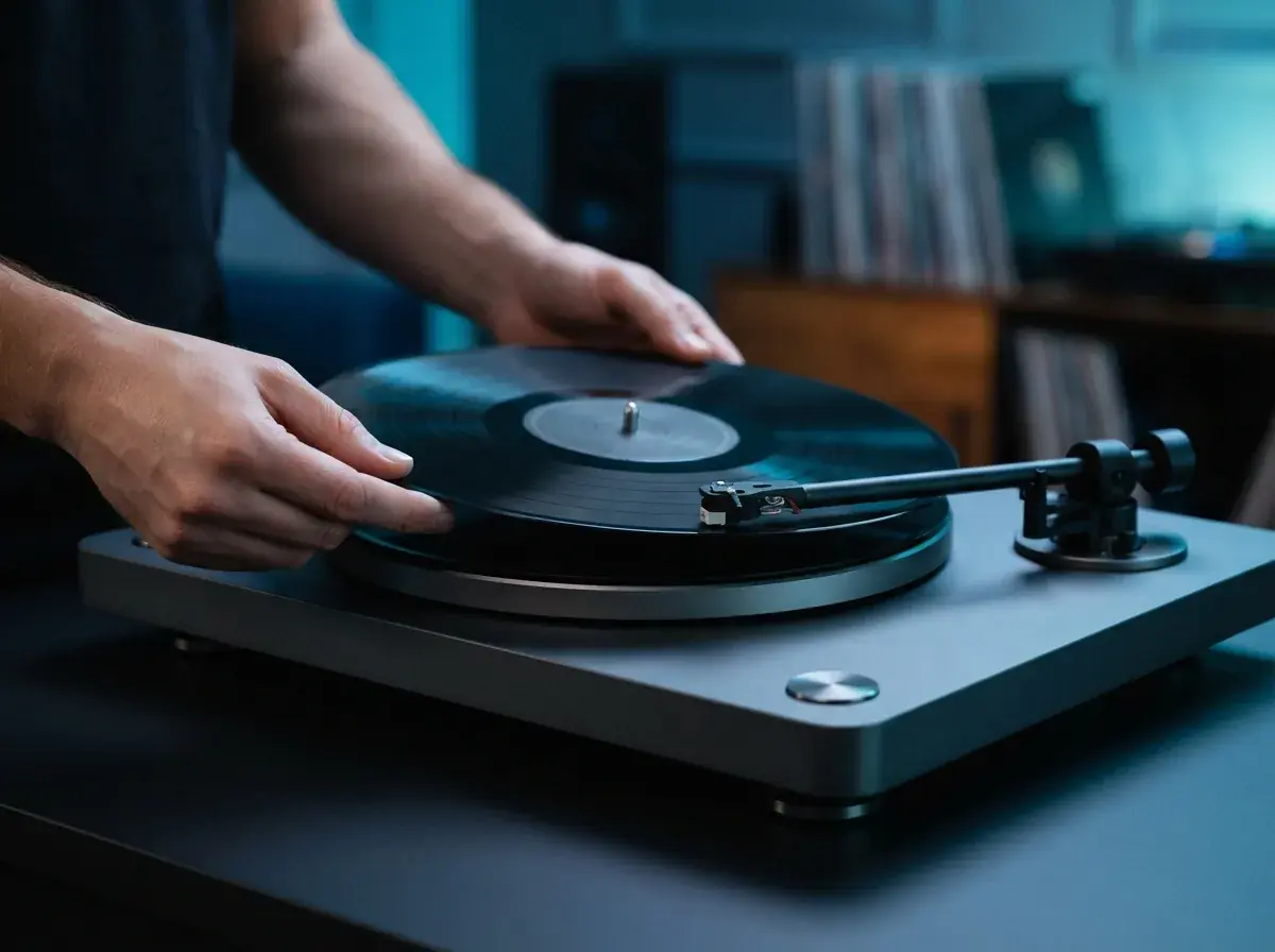 Vinyllytteskene med premium lydstil, som illustrerer IFPI 2025-funn om 8,0 % fysisk vekst og 13,7 % vinylvekst