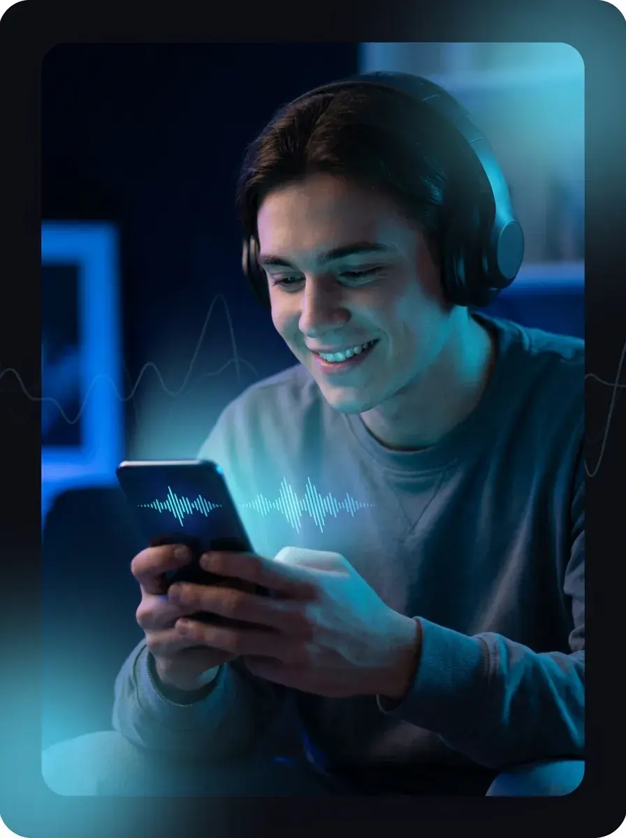 Persona che crea una canzone sul telefono con un'interfaccia a forma d'onda luminosa
