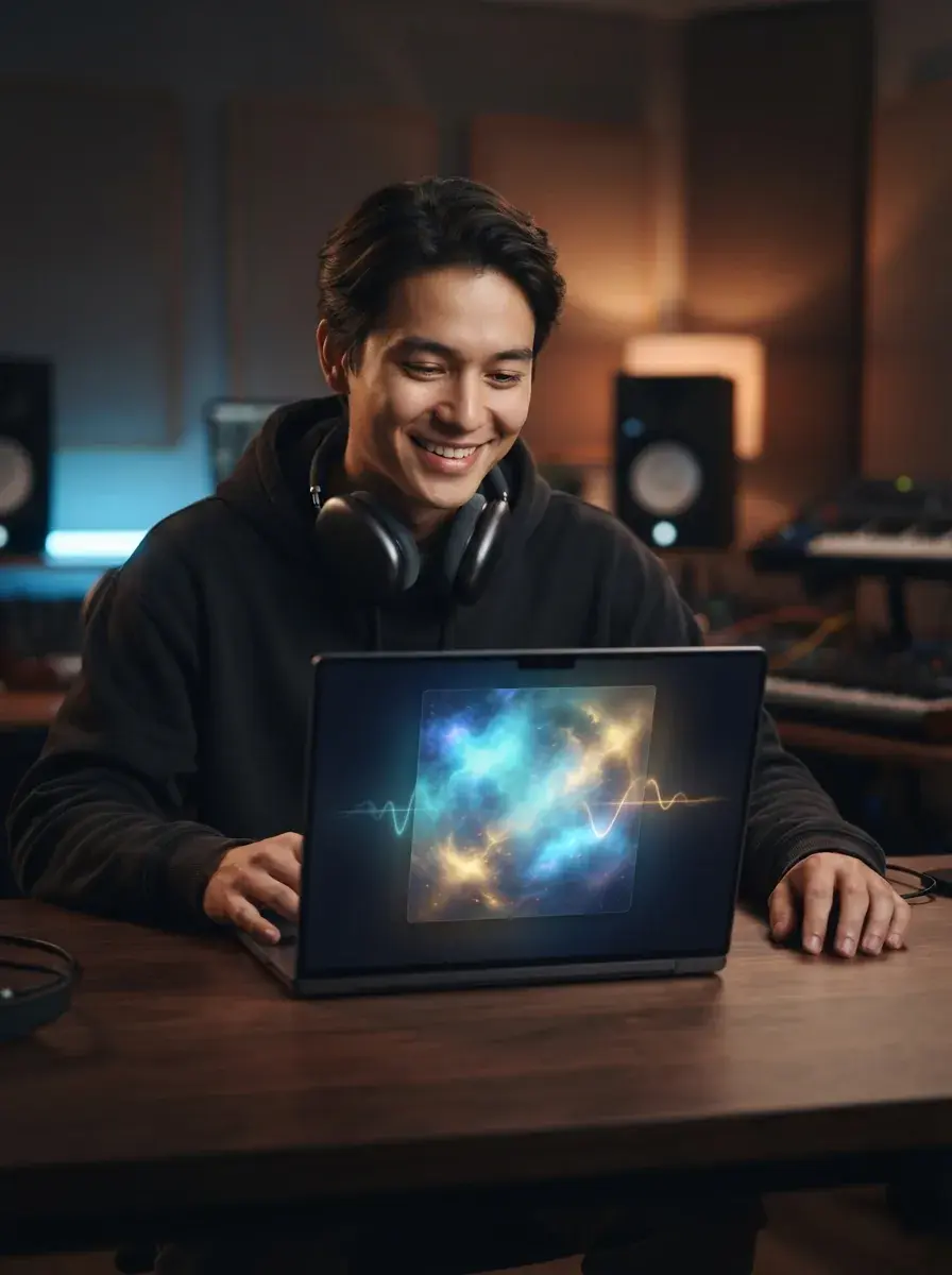 คนกำลังตรวจสอบเพลงคัฟเวอร์เสียง AI ที่เสร็จแล้วบนแล็ปท็อป