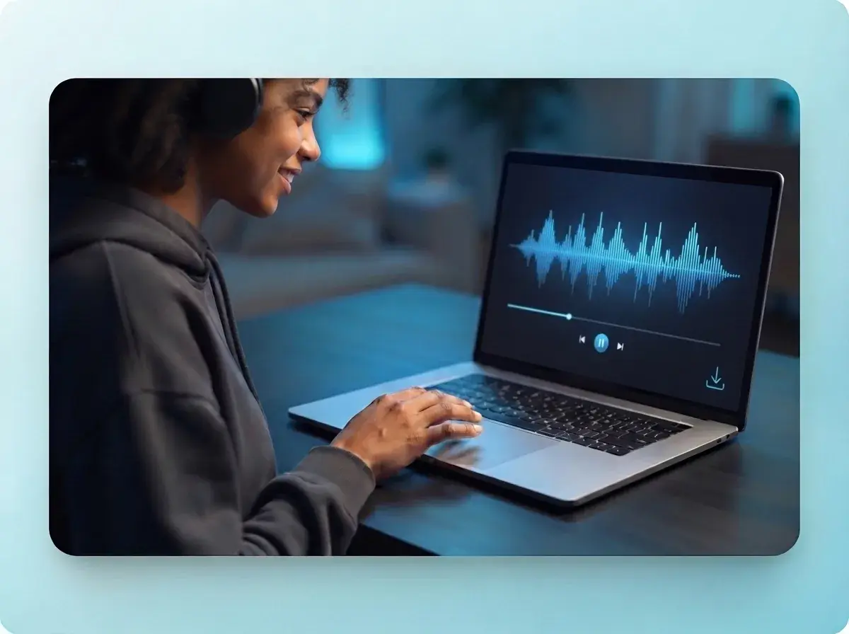 คนกำลังดูตัวอย่างและดาวน์โหลดไฟล์เสียงเพลงคัฟเวอร์ AI ที่เสร็จสมบูรณ์