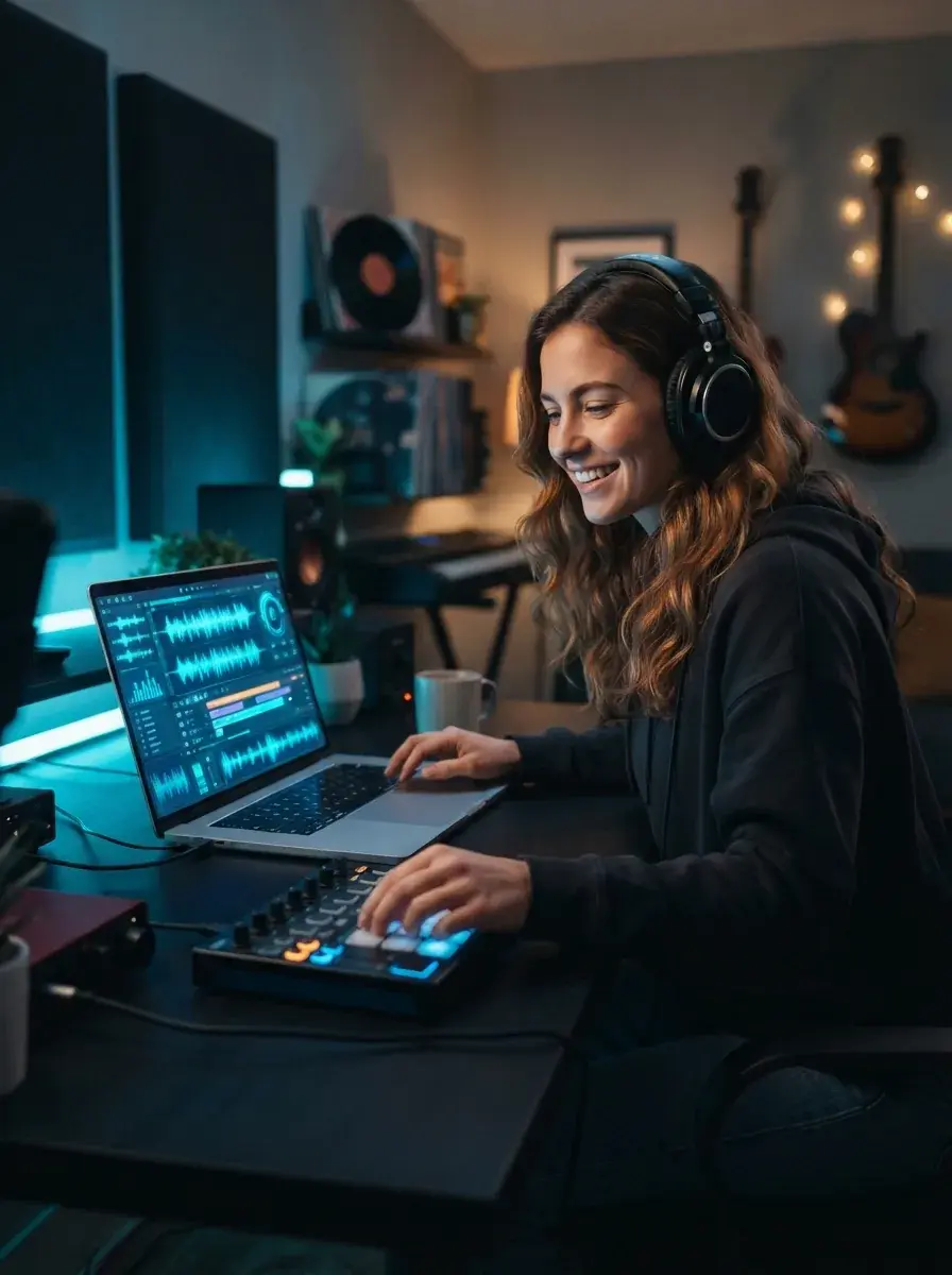 Person skapar en låt på en laptop med blå vågforms musikgränssnitt