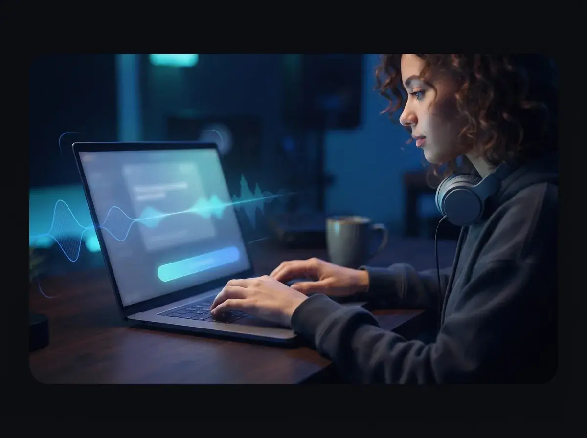 Person som skriver en låttext på en laptop med glödande vågformspaneler