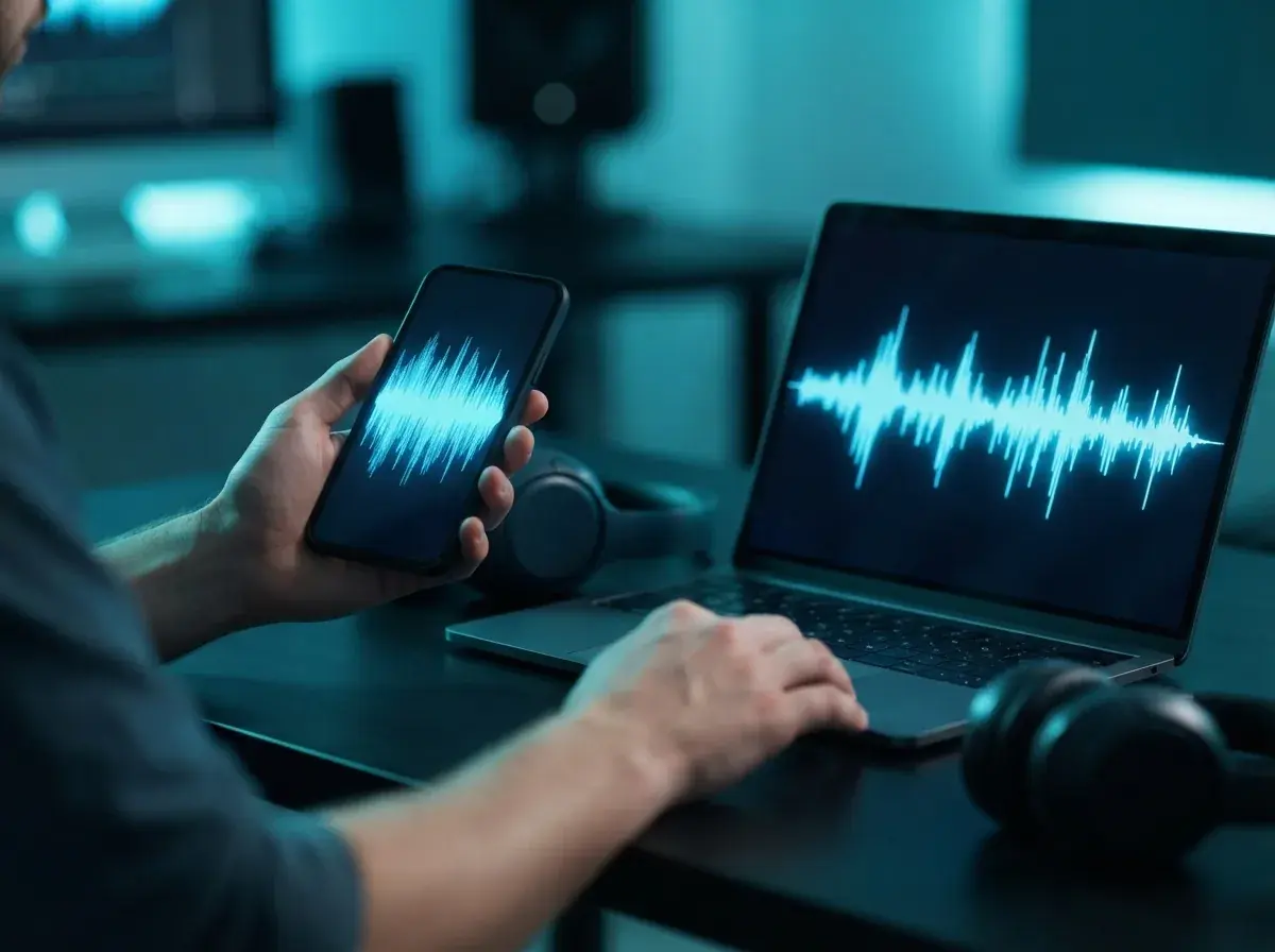 Skapare som granskar och reviderar olika låtversioner på en telefon och laptop
