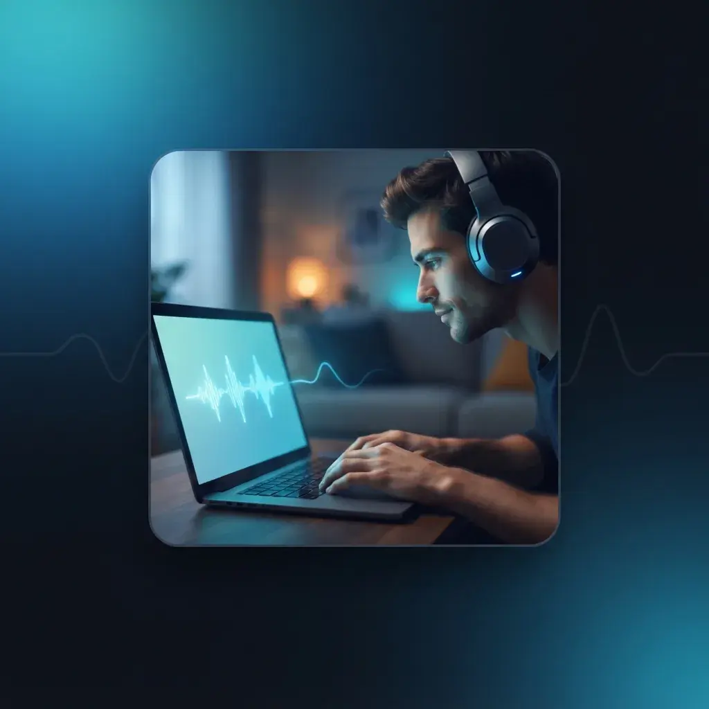 Person som testar låtidéer med hörlurar och laptop