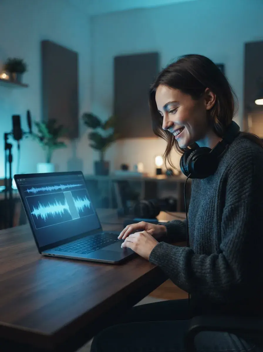 Persoană care elimină vocea dintr-o melodie pe un laptop cu interfață audio cu undă albastră