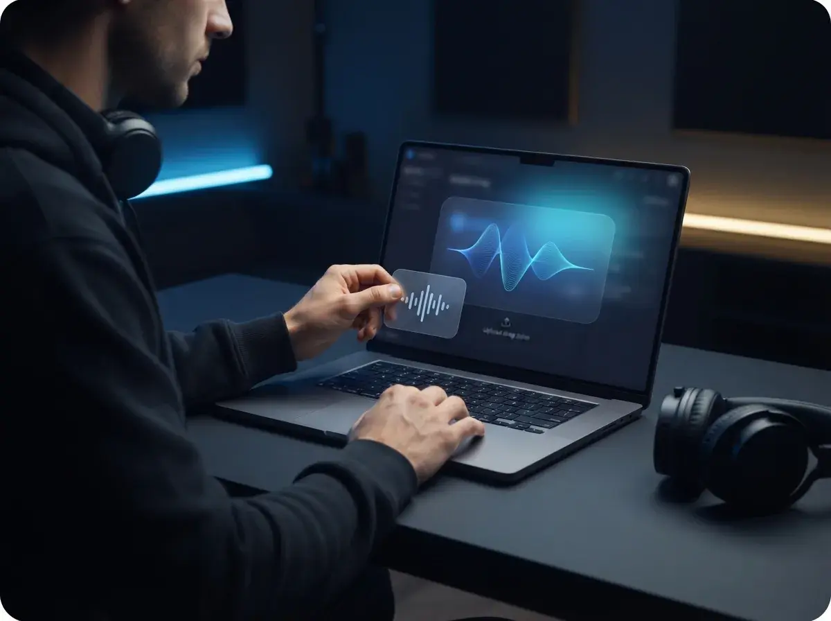 Persoană care încarcă un fișier audio în instrumentul de eliminare a vocii pe un laptop
