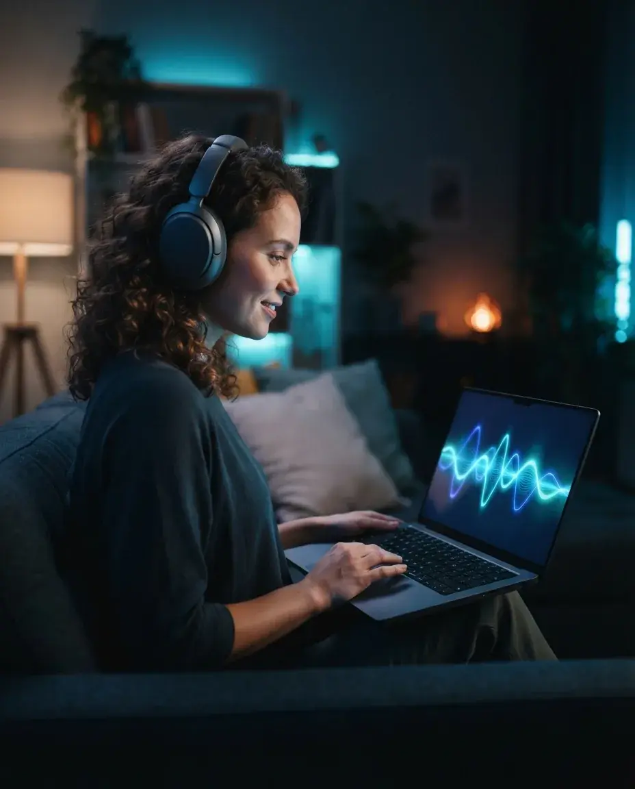 Person creating music on a laptop, blue waveform glow