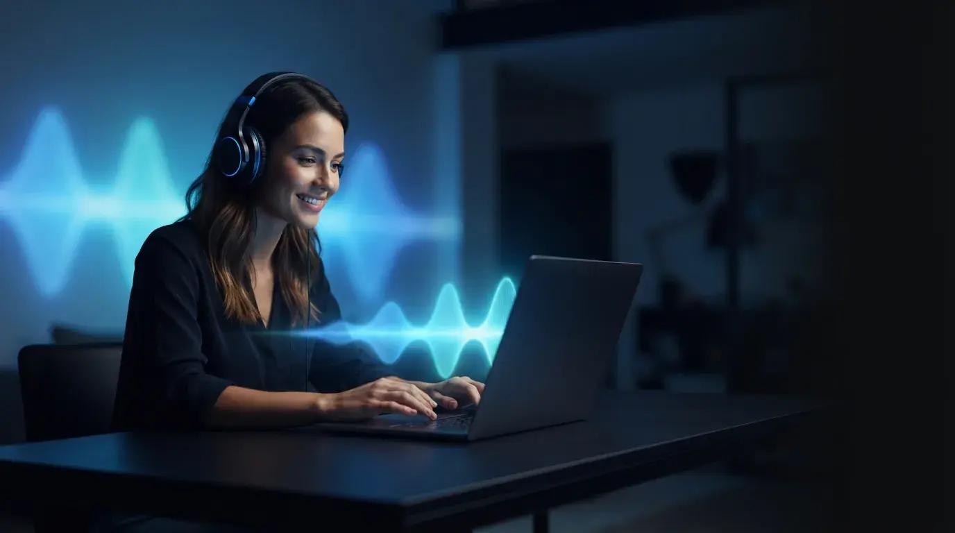 Person creating music easily with AI, blue waveform glow