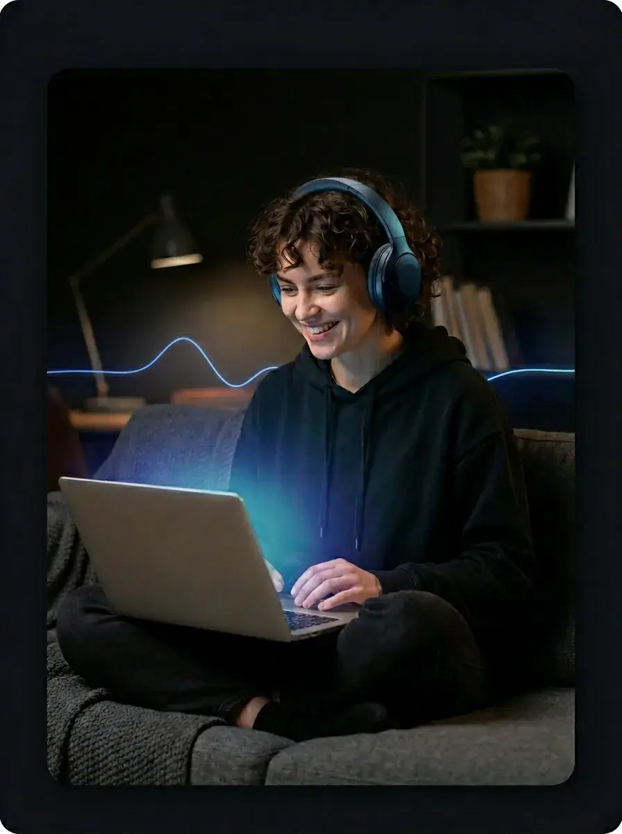 Person making a song using text to music on a laptop