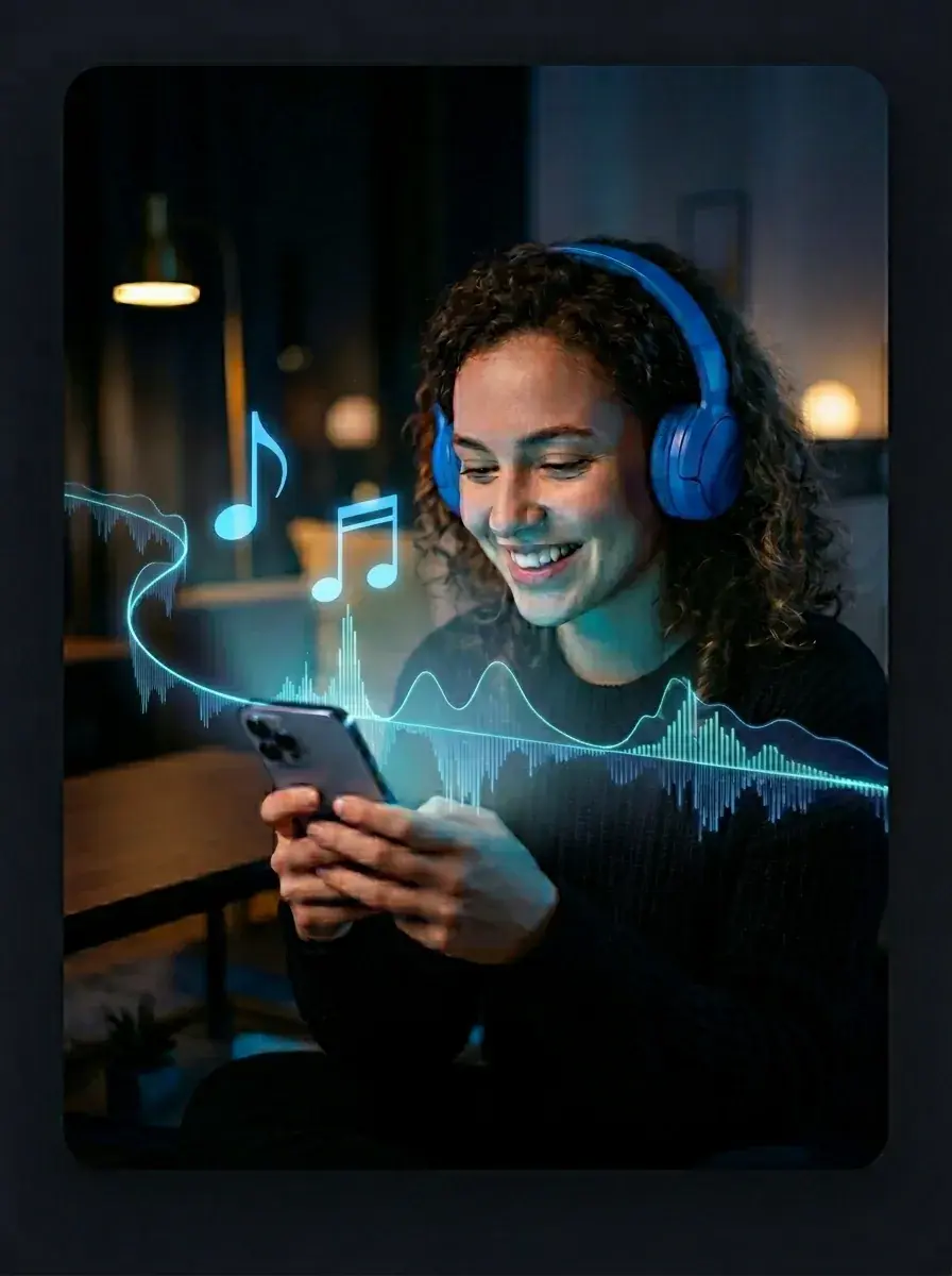 Person relaxing with headphones creating a custom song on their phone
