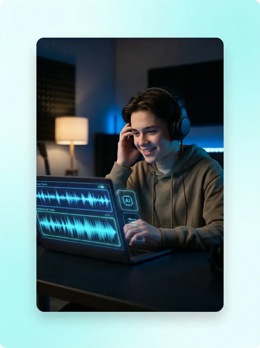 Everyday person using AI vocal remover on their laptop to make a song