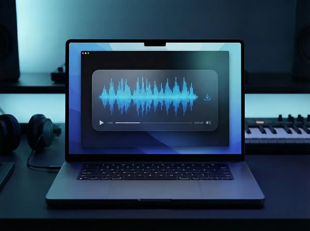 MayaさんがノートパソコンでElevenLabs Music v2を使って作った完成した曲をダウンロードしている様子