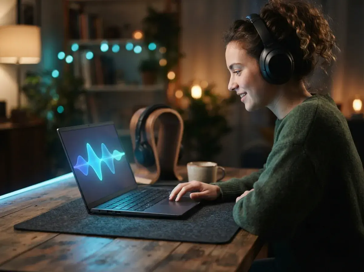 青く光る楽曲作成インターフェースに表示された異なる音楽スタイル