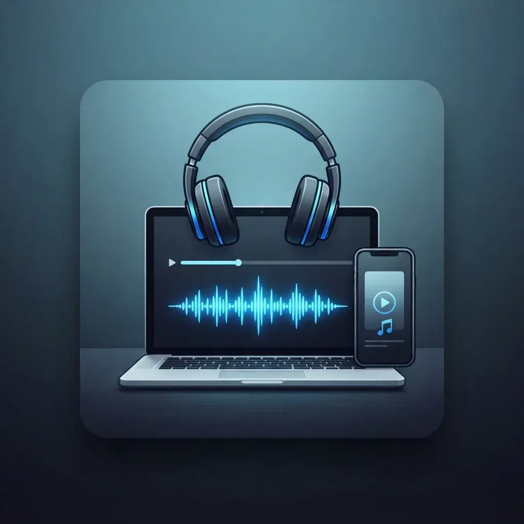 青い波形インターフェースのあるノートパソコンで動画にライセンス音楽を追加するコンテンツクリエイター