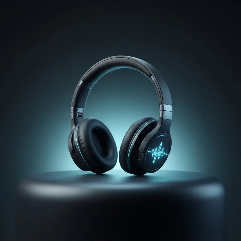 青い波形が光るスマホで、日常の人が楽しい個人的な曲を作っている様子