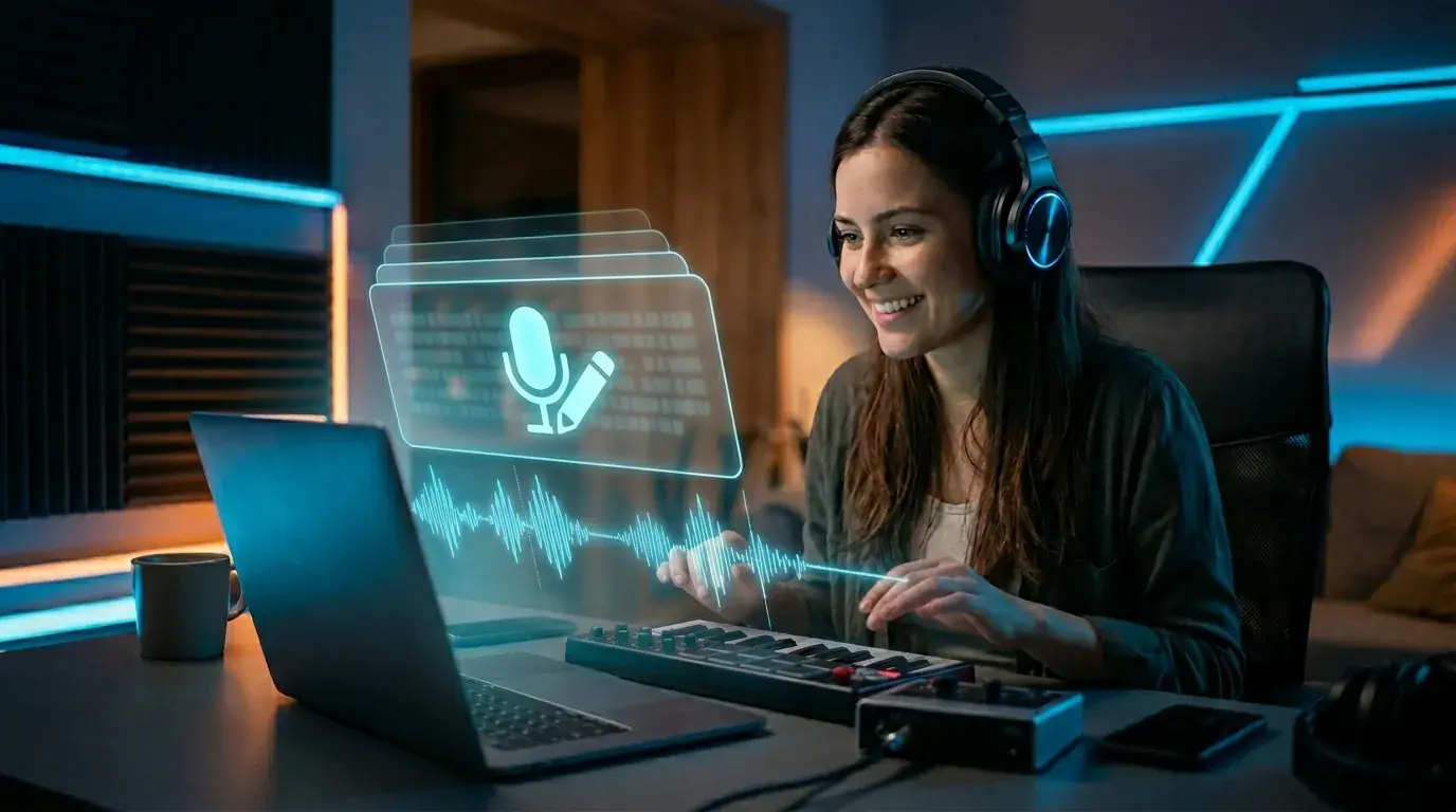 A person wearing headphones smiling at a laptop screen with a glowing blue waveform, creating music at home.