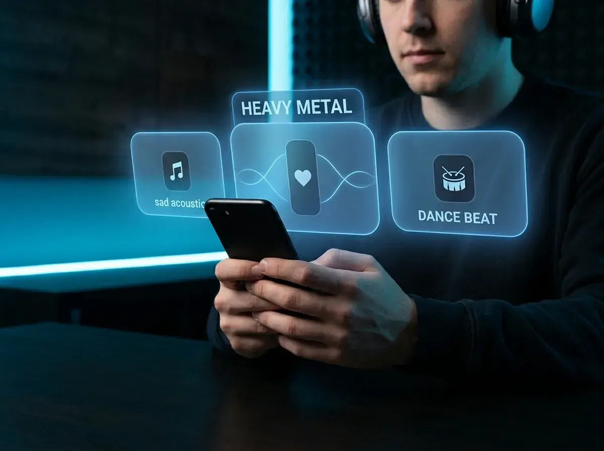 Person typing a text prompt into an AI music app