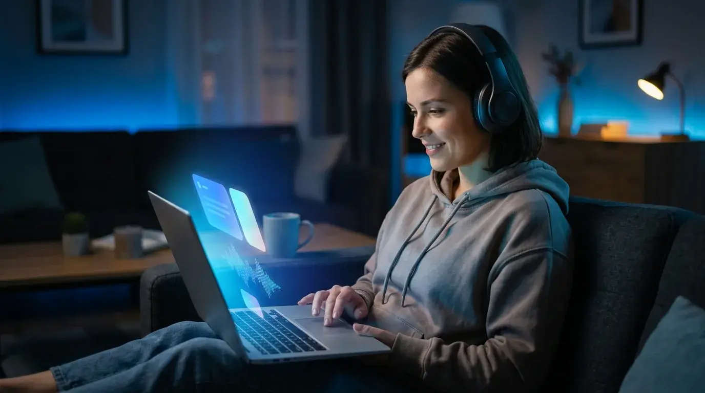 Una persona rilassata su un divano con cuffie e laptop, che crea musica online.