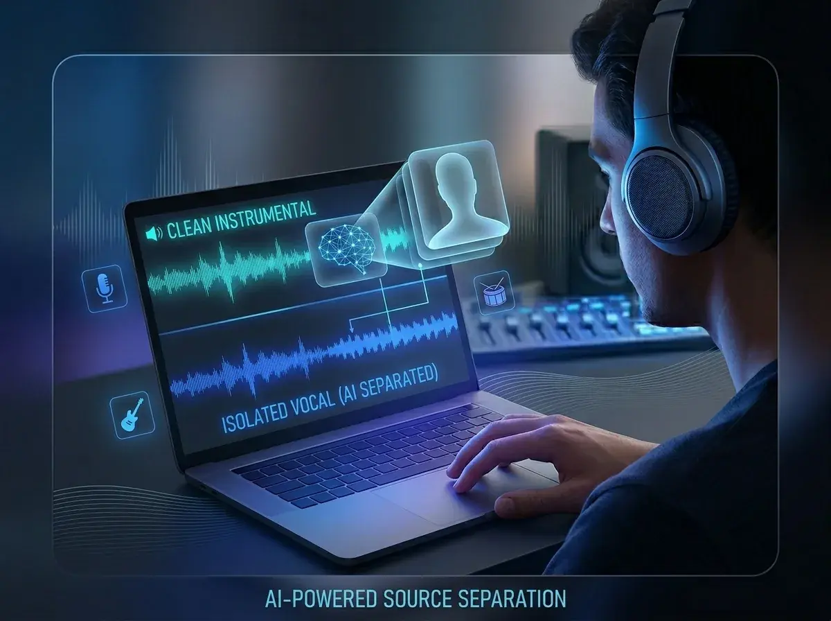 Persona usando una laptop para separar voces de un ritmo