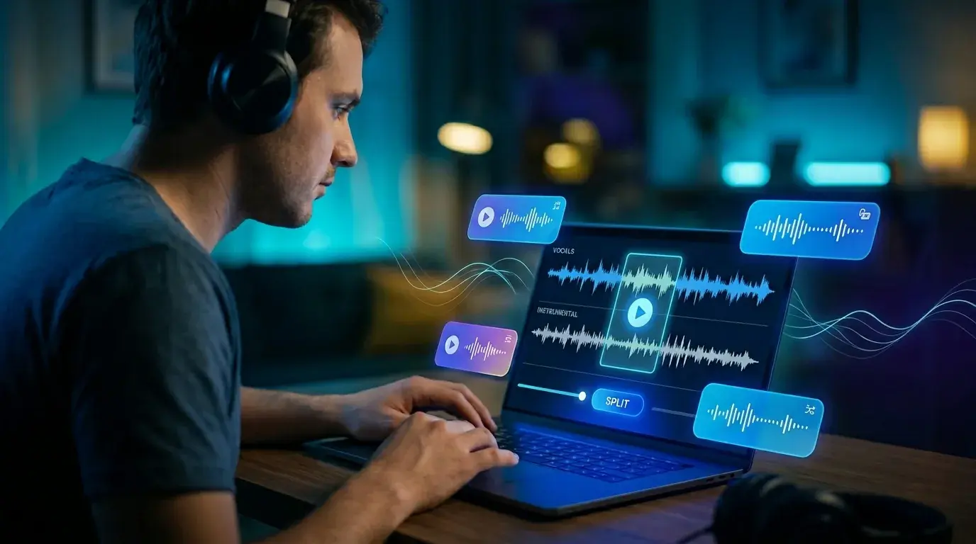 Persona con le cuffie che usa un laptop con grafici a forma d'onda blu per separare la voce da una canzone.
