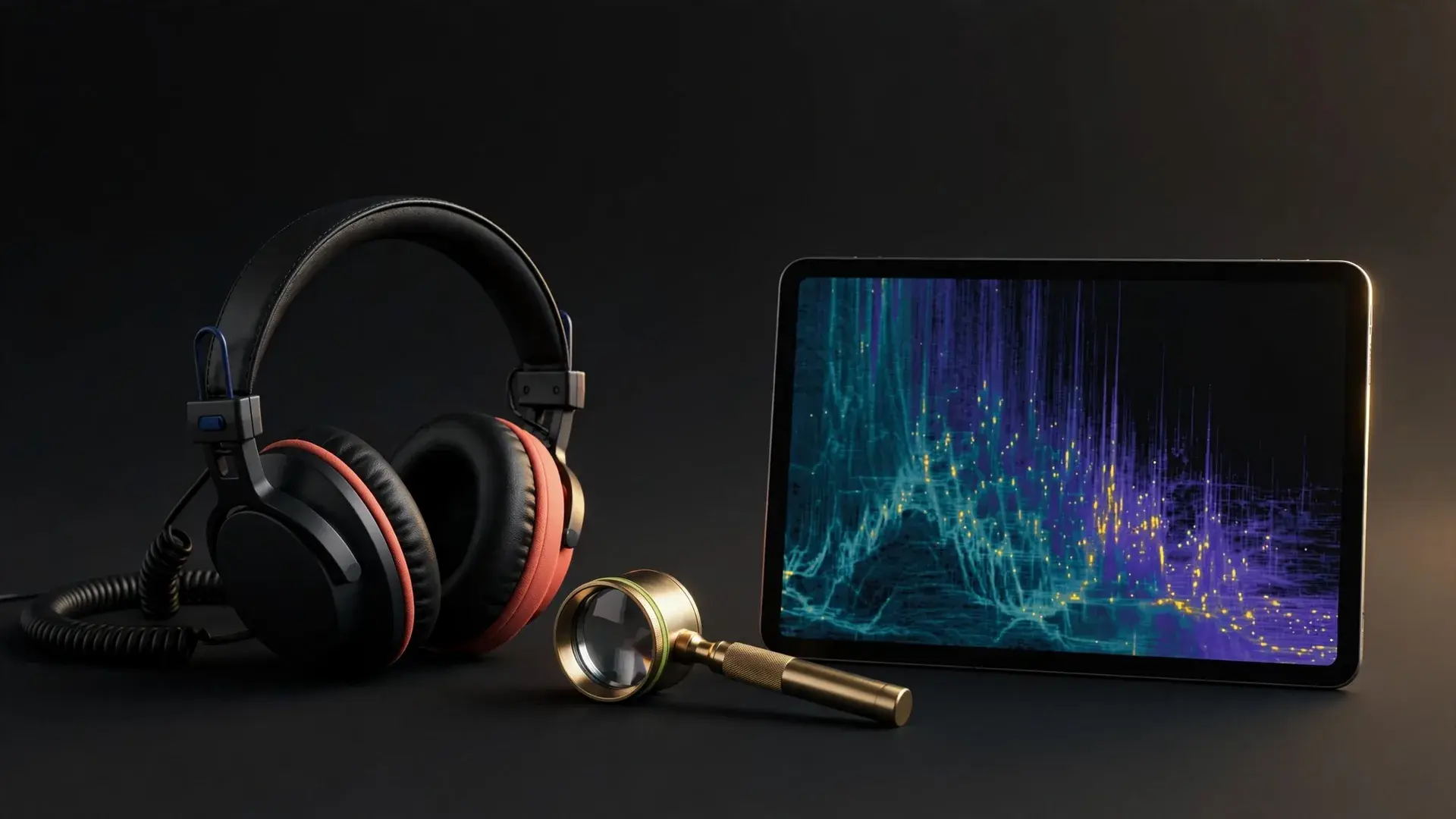 Studio headphones and a magnifying loupe beside a tablet showing an audio spectrogram