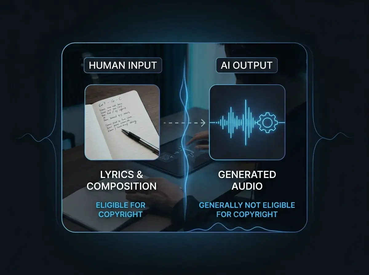 Person learning about AI music copyright rules on a laptop