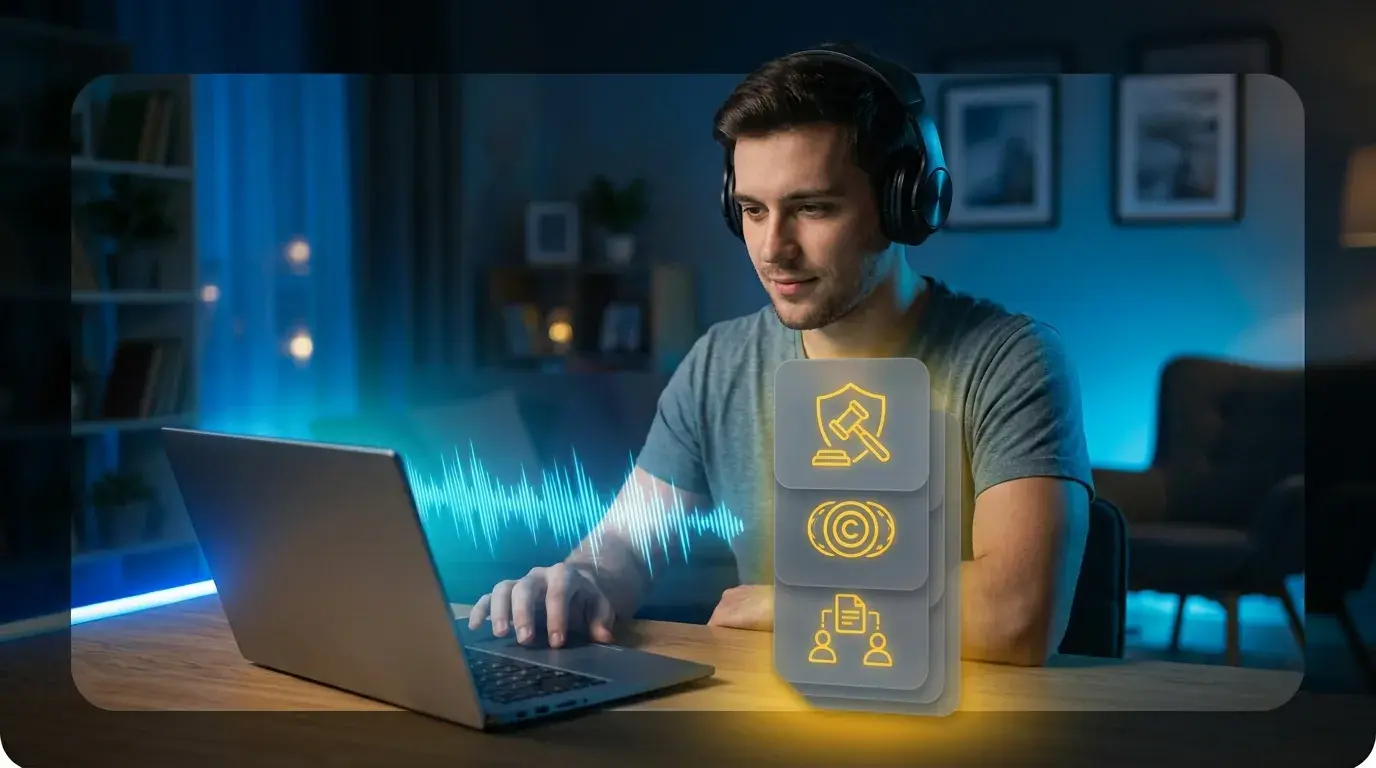 A person wearing headphones looking at a laptop screen with a glowing blue music waveform