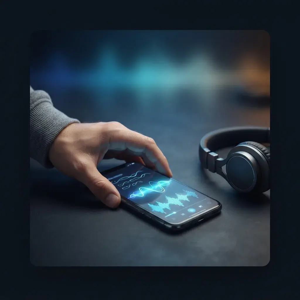 一个人正在通过发光的蓝色音乐界面将书面歌词转化为完整的歌曲