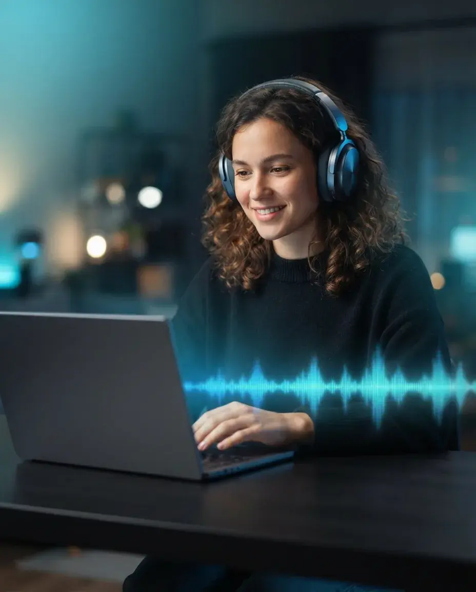 Person creating music on a laptop with headphones