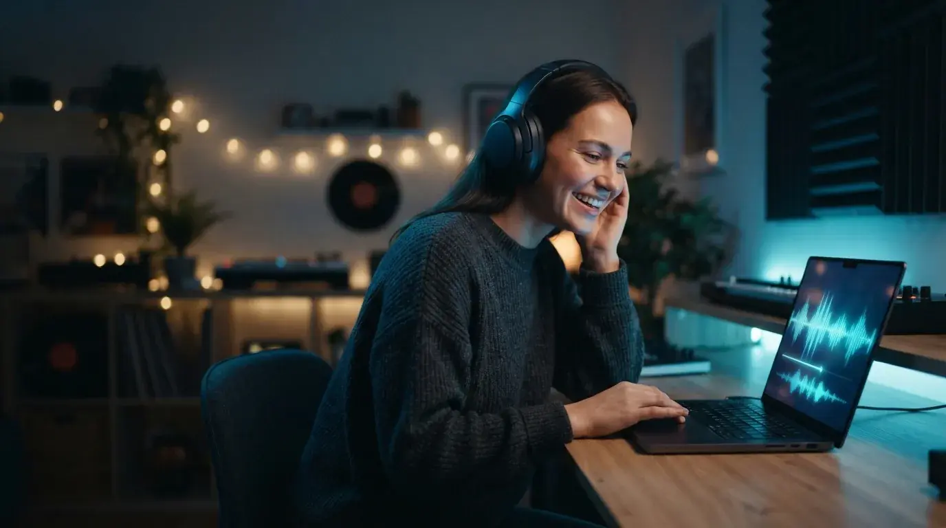 Person making a song on laptop with blue glow