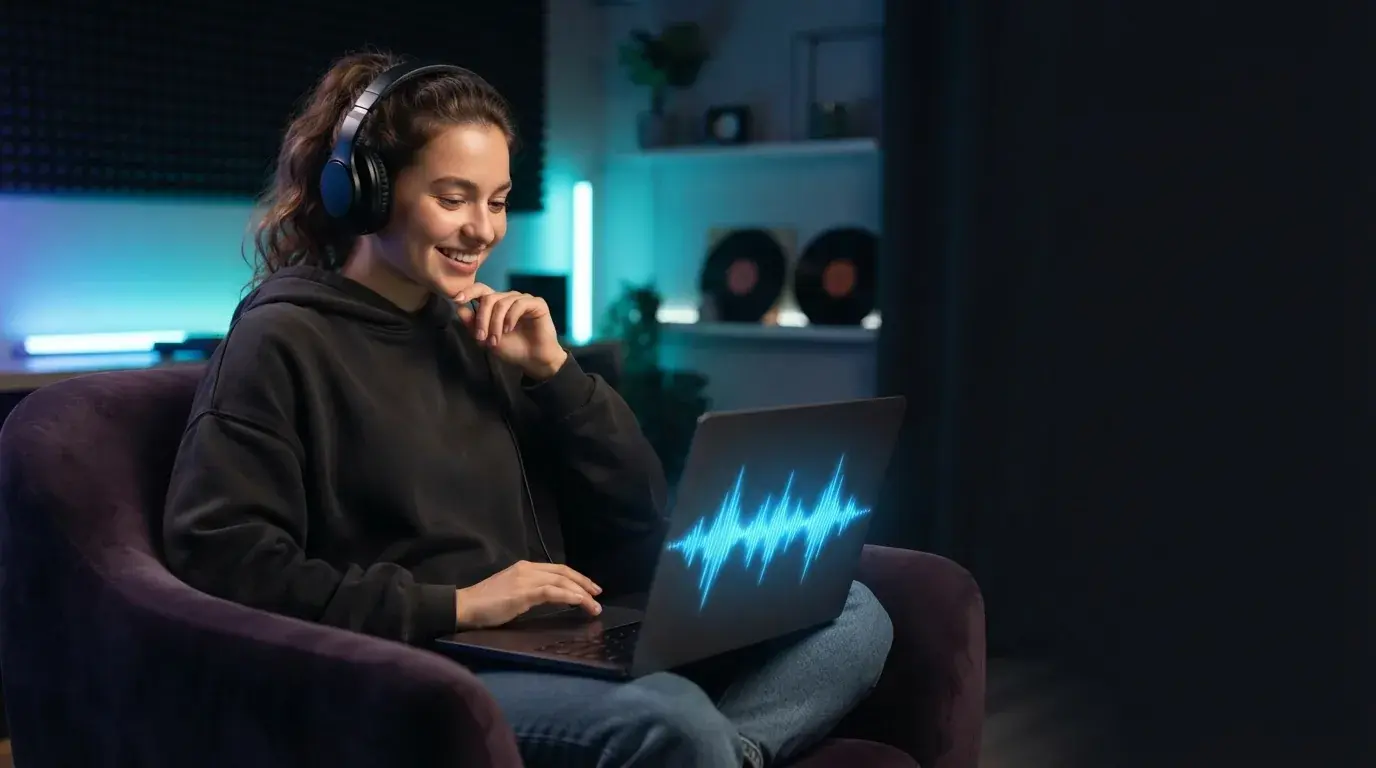 Person creating music with AI on a laptop, glowing blue waveform.