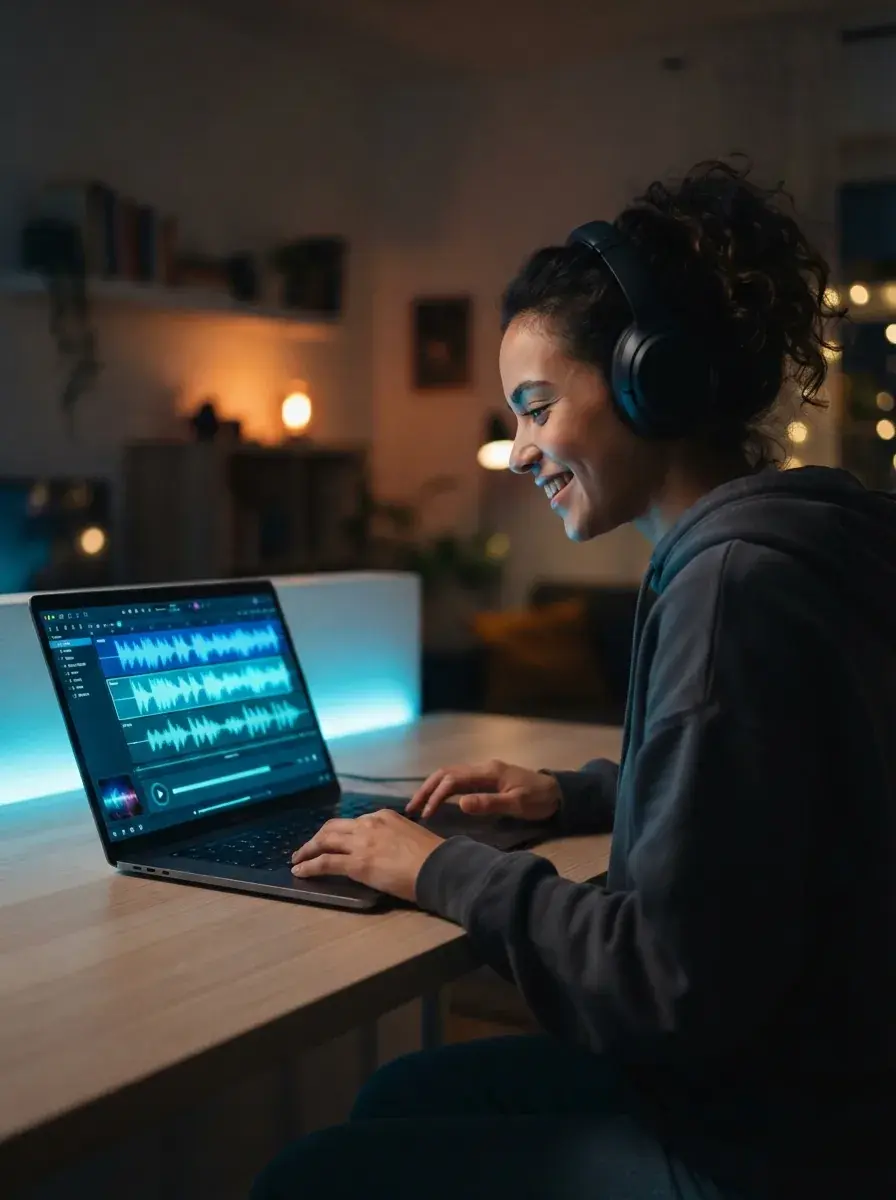Personne créant une chanson sur un ordinateur portable avec des commandes de forme d'onde bleues
