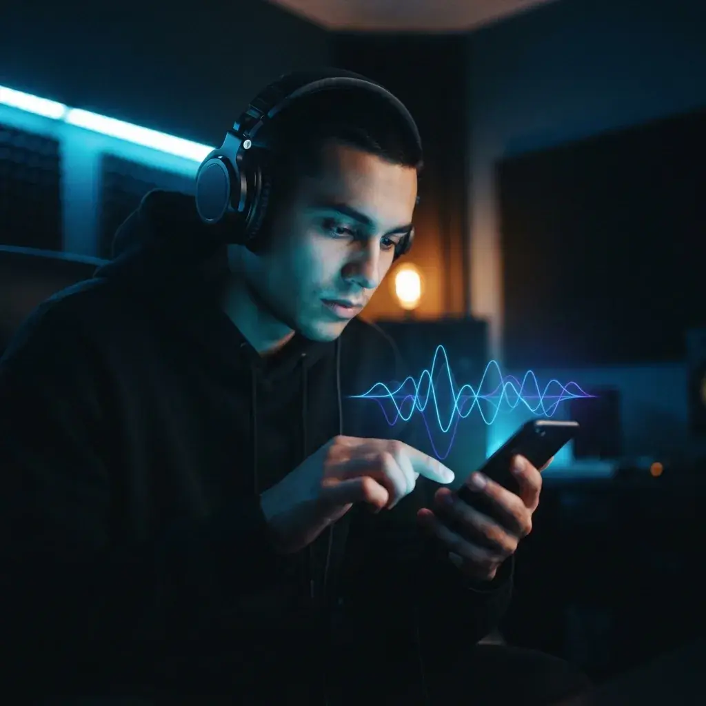 Créateur de musique décontracté créant des rythmes de rap sur un téléphone avec une interface audio bleue lumineuse