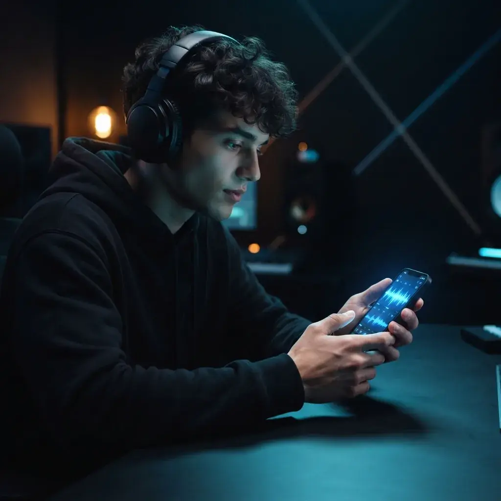 Creador de música casual haciendo ritmos de rap en un teléfono con una interfaz de audio azul brillante