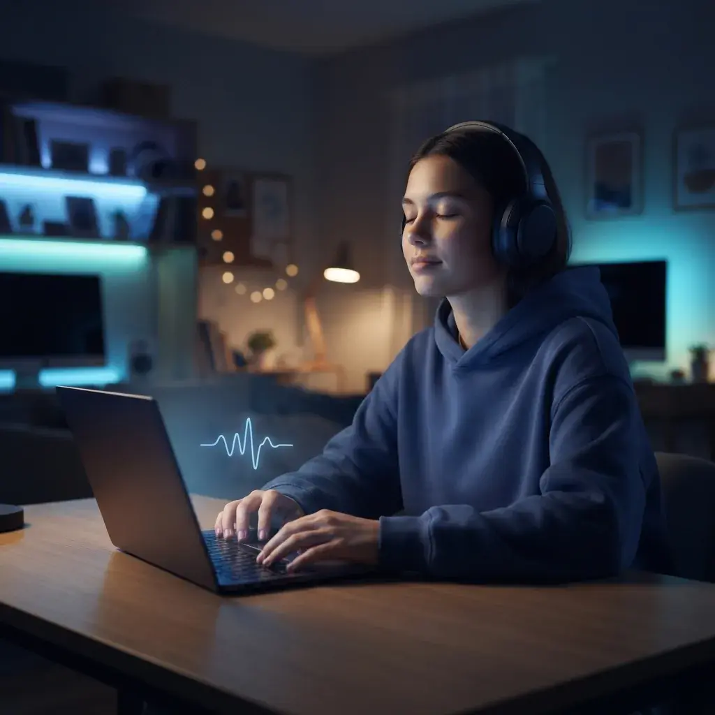 Persona relajada creando música lo-fi en una habitación acogedora con una suave luz de onda azul