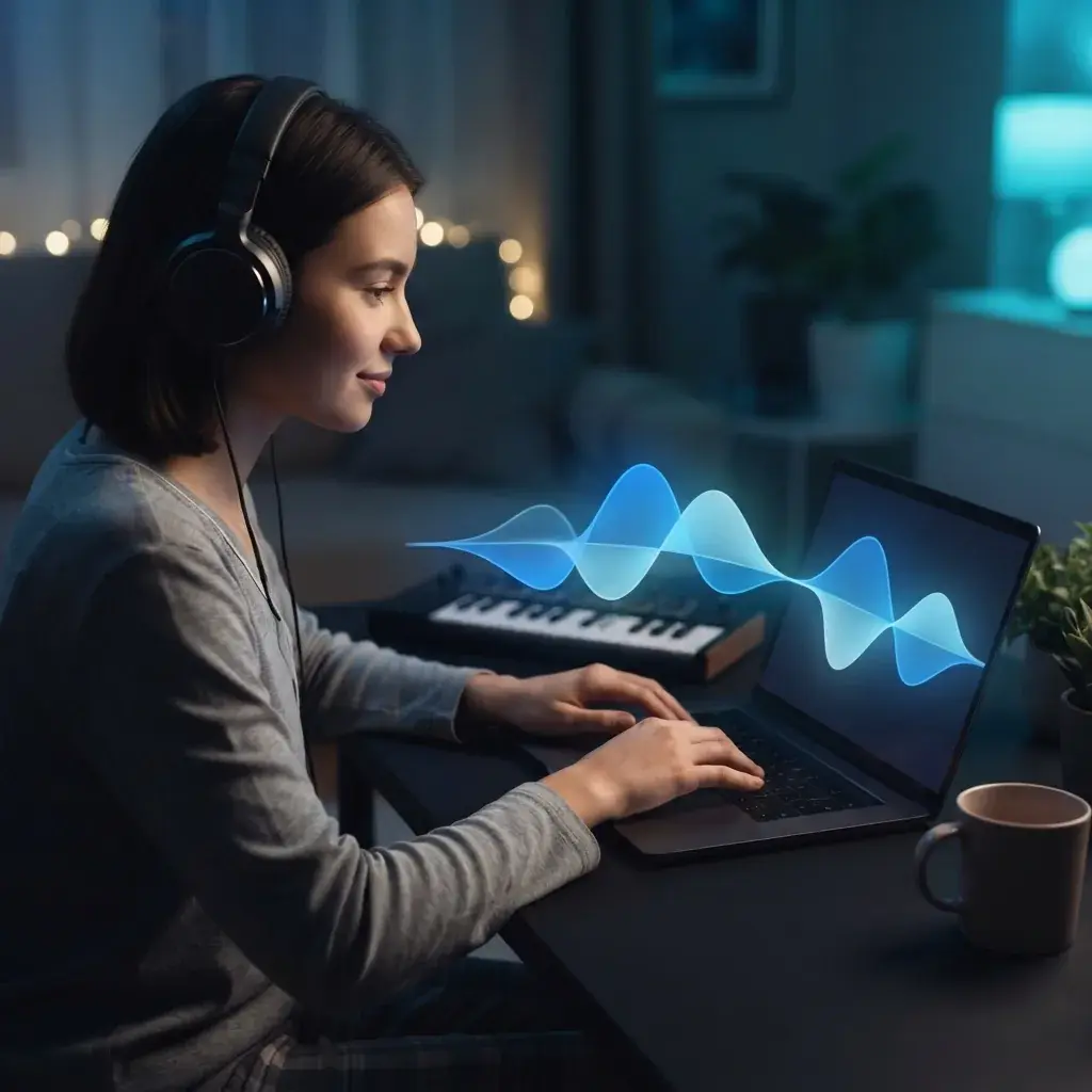 Personne détendue créant de la musique lo-fi dans une pièce confortable avec une douce lumière de forme d'onde bleue