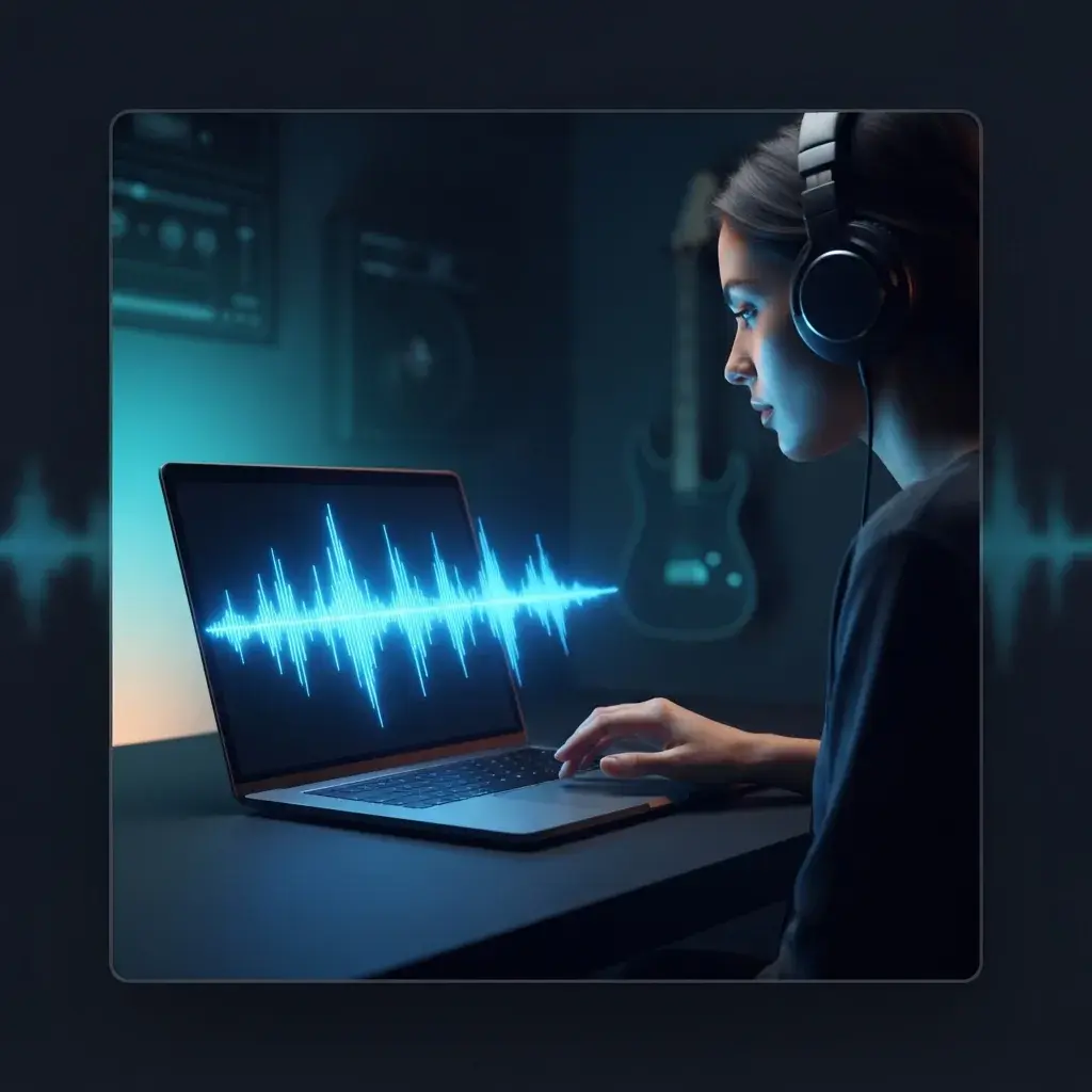 Personne ordinaire créant de la musique rock sur un ordinateur portable avec des visuels bleus inspirés de la guitare