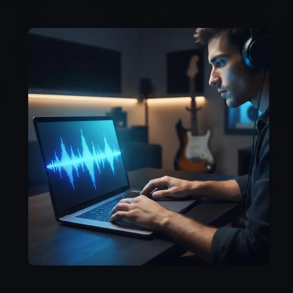 Persona común creando música rock en una laptop con visuales azules inspirados en guitarras