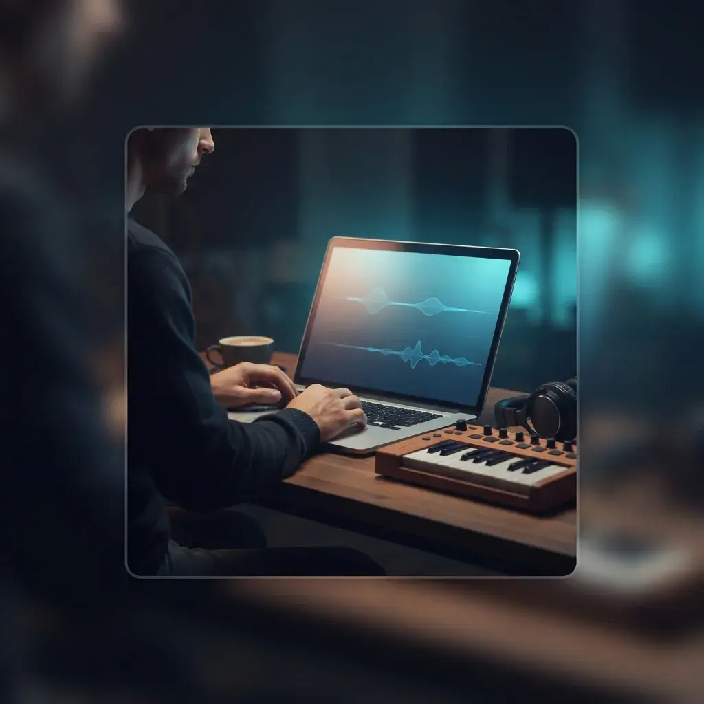 Personne créant de la musique acoustique chaleureuse avec une douce forme d'onde bleue et des repères de piano