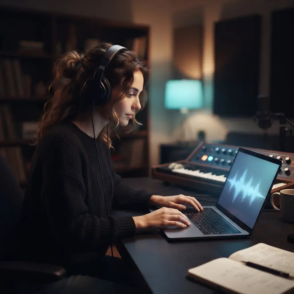 Persona creando música acústica cálida con una suave onda azul y señales de piano